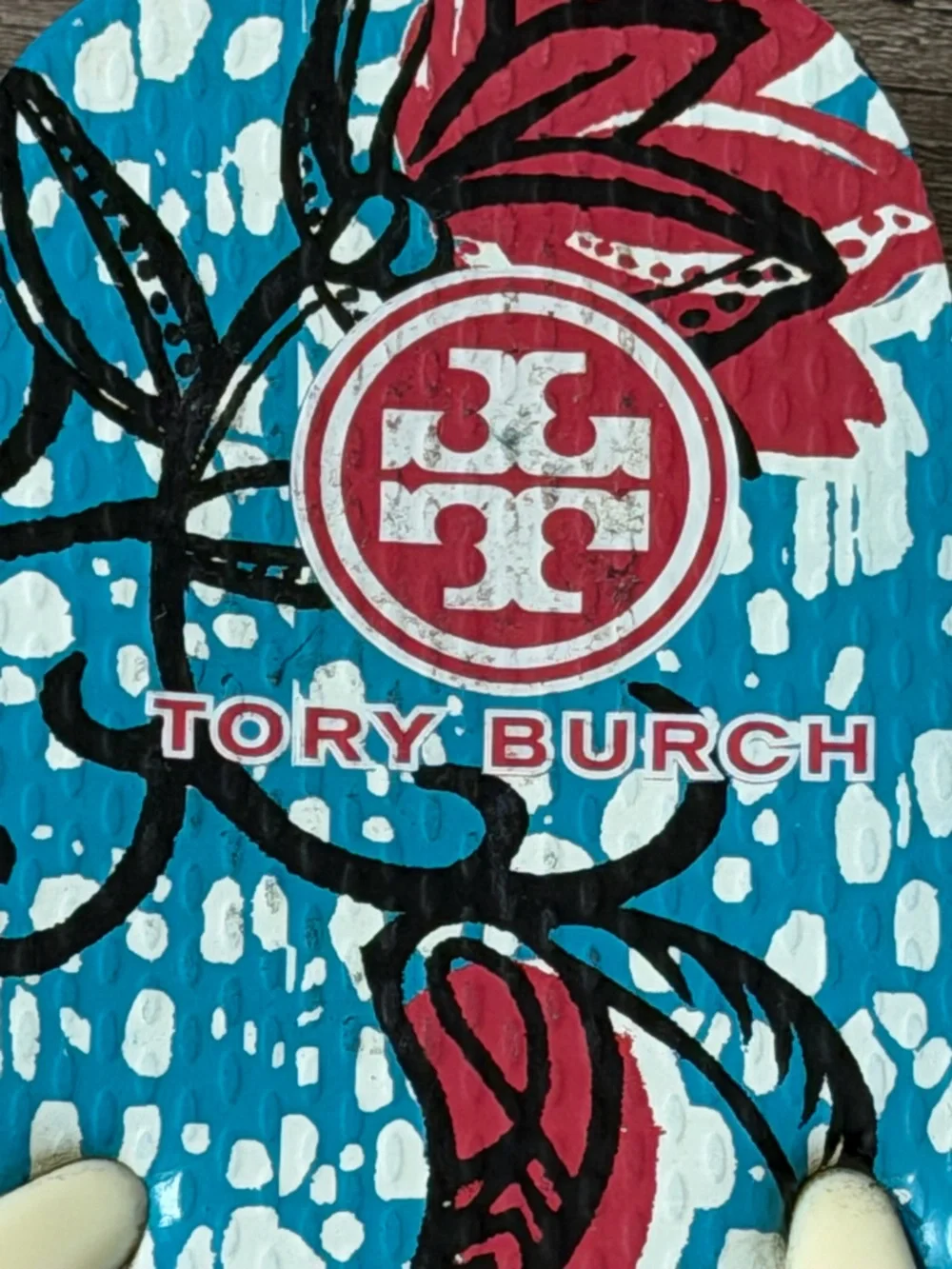 Tory Burch Blue Floral Print Flip Flops with Cream Straps